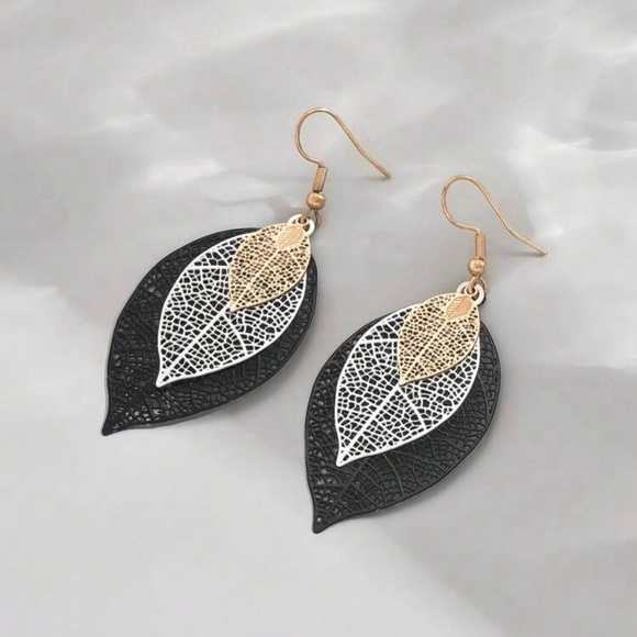 Gold and Black Leaf Earrings - Picture 4 of 4